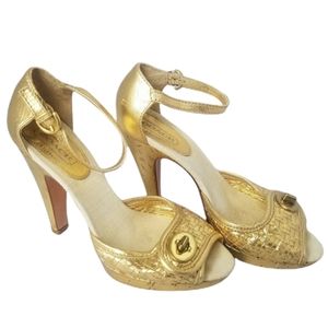 Coach Gold Metallic Peep-Toe Ankle-Strap Heels with Turn-Lock
